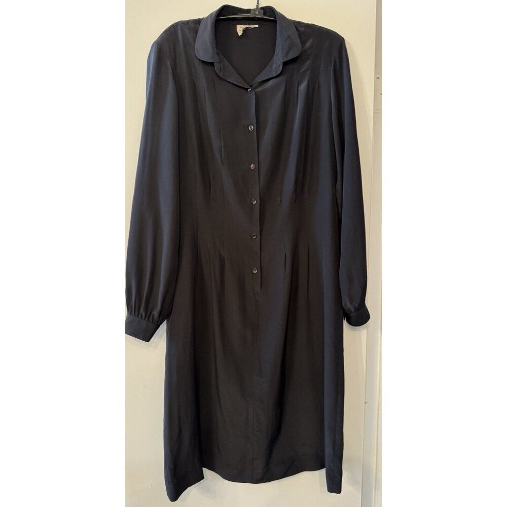 New York Vtg Long Sleeve Shoulder Pads Button Down Collar Shift Dress 100% Silk